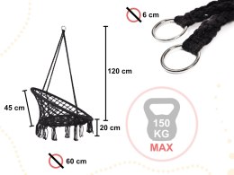 Huśtawka fotel bocianie gniazdo z oparciem czarna 80cm + poduszki 120kg